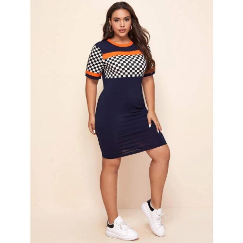 Navy Blue Essence Plus Colorblock Checked Panel Bodycon Dress Size 3XL
